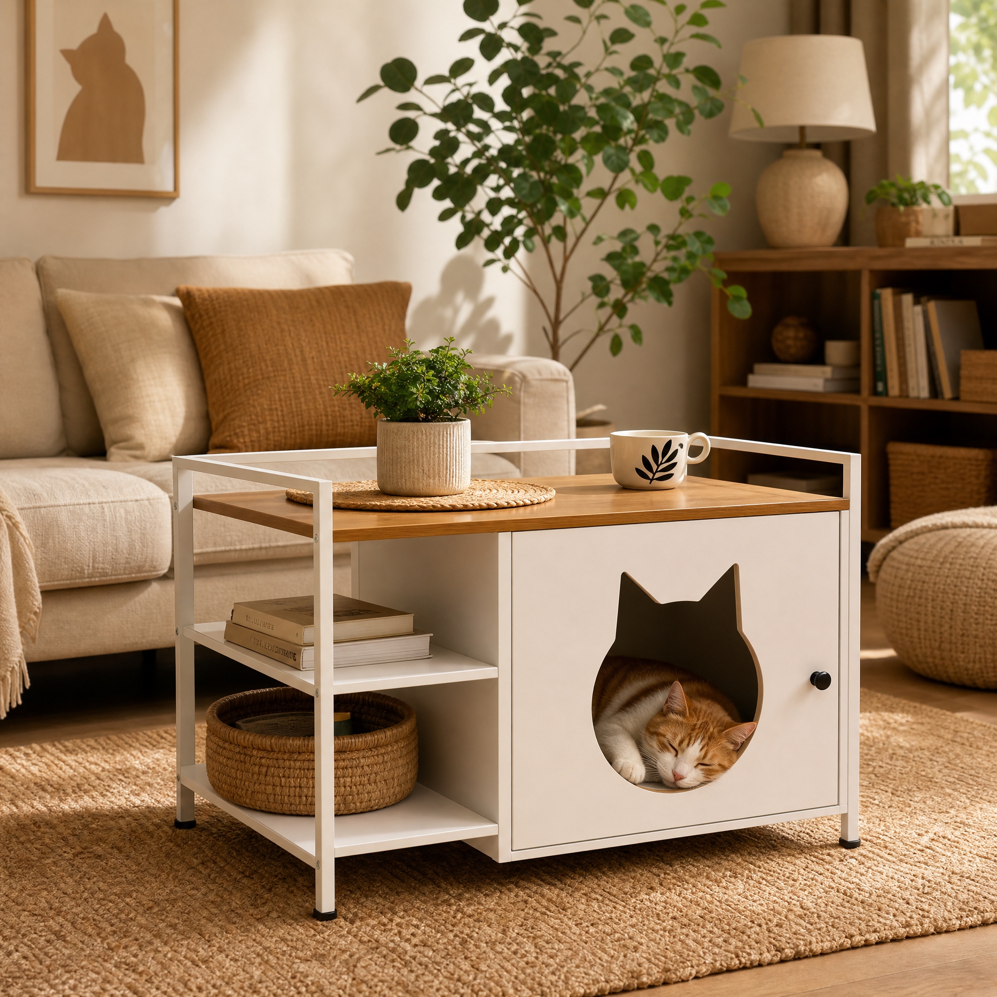 Katzentoiletten-schrank Mit Katzenkopf-loch, Beistelltisch Mit 2 Regalen, Katzenmöbel, 76x54x59 Cm, Weiß+holz