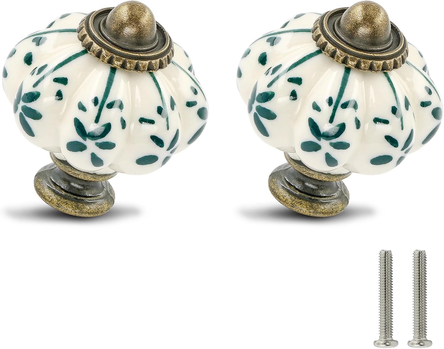 Set Aus 2 Schubladengriffen Aus Keramik Im Vintage-stil In Elfenbein Und Grün, Mit Schrauben, Grünes Blumenmuster