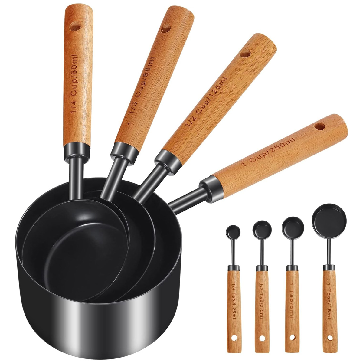 8-teiliges Messbecher- Und Löffelset, Goldfarben Mit Holzgriff, Doppelter Ausgießer Aus Kupfer, Kompatibel Mit Küchengeräten, Zum Backen Und Kochen