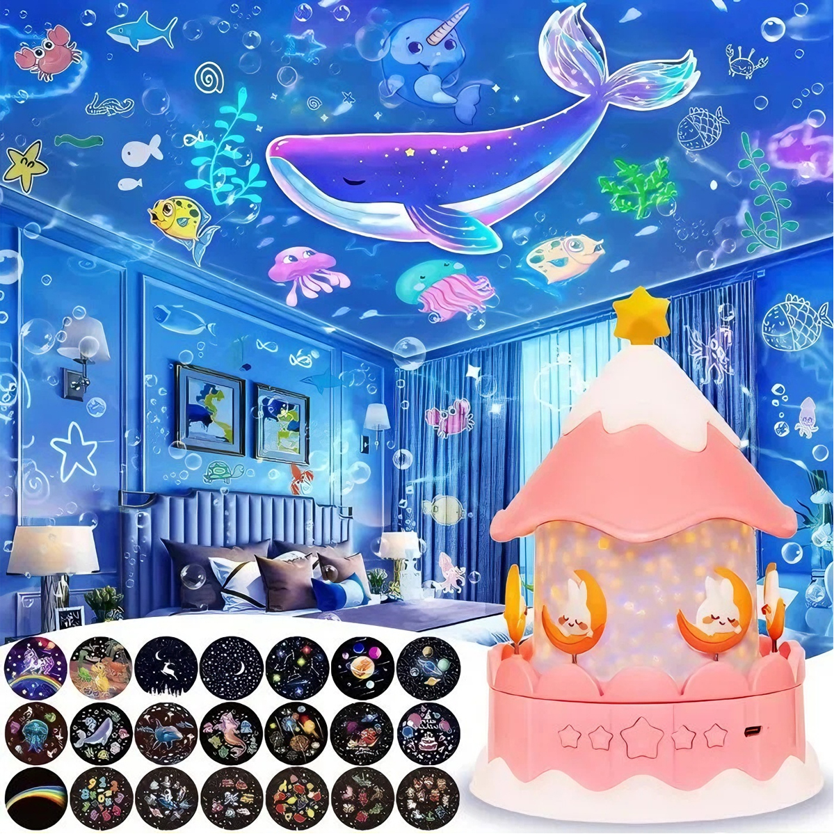 Led-nachtlicht Für Kinder, Sternenhimmel-projektor, 21 Filme Mit 360°-drehung Und Einstellbarer Helligkeit – Rosa
