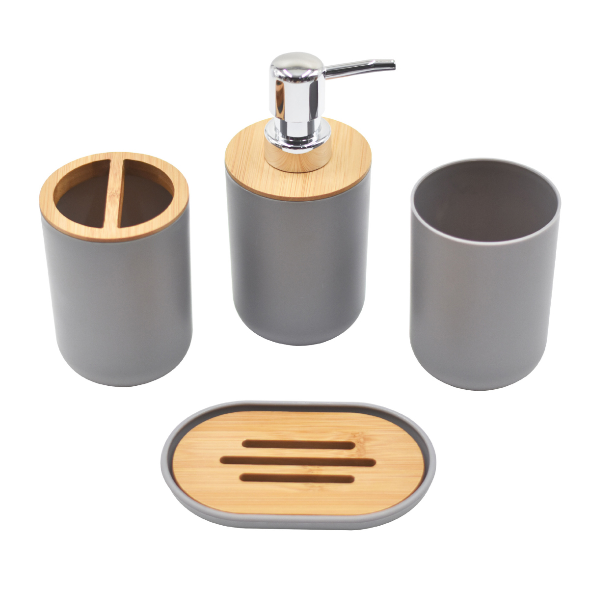 Badezimmer-accessoire-set – 4-teilig – Bambus – Grau – Wasserdicht - Badezimmer-accessoire-set – 4-teilig – Bambus – Grau – Wasserdicht