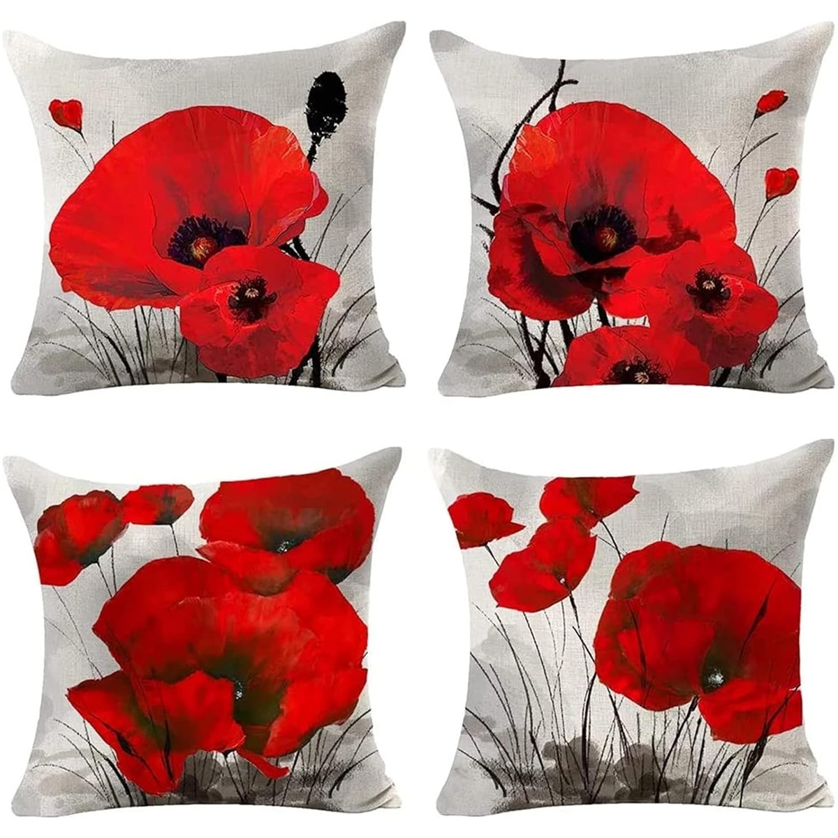 Set Mit 4 Retro-schutzhüllen Für Den Außenbereich Mit Rotem Mohnblumenmuster, 45 X 45 Cm, Samt