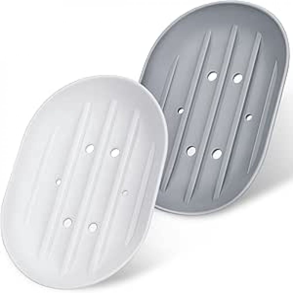 Seifenablage-set, 2-teilig – Weiße Ovale Seifenschale + Graue Ovale Seifenschale