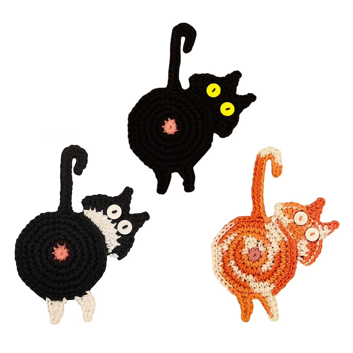 Herrnalise 3er-pack Katzenpopo-untersetzer, Lustige Handgefertigte Häkelmatte Für Kaffee & Tee - Niedliches Katzenpopo-deko-geschenk Für Katzenliebhaber