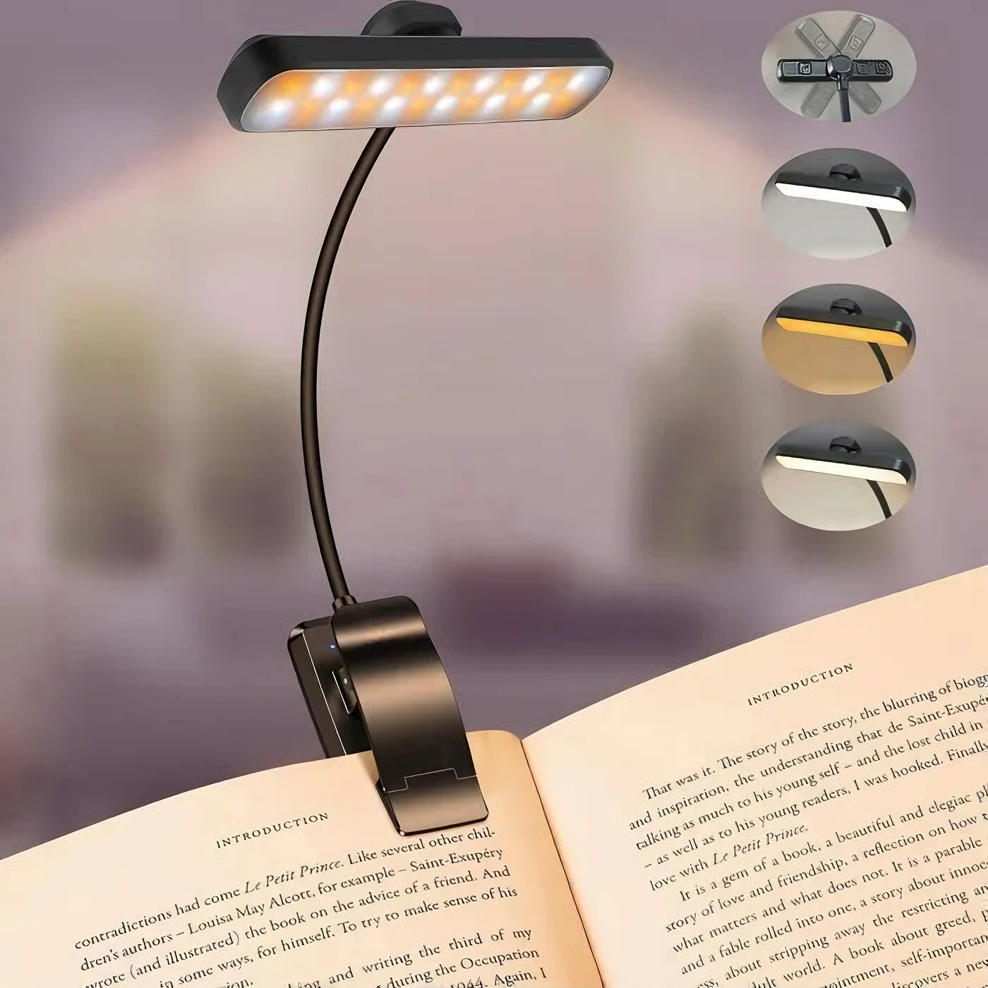 Leselampe, Wiederaufladbare 24-led-klemmleuchte, 3 Farben Und 5 Helligkeitsstufen, 360° Flexibler Hals, Tragbar Zum Lesen Im Bett, Schwarz