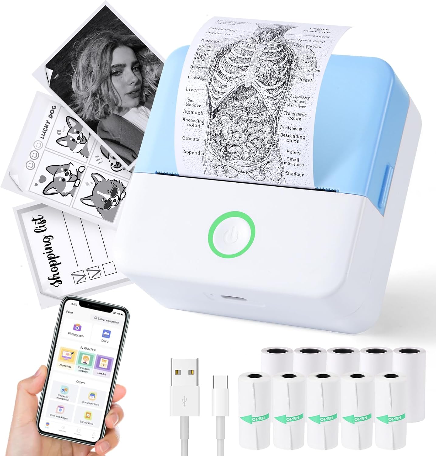 Print Pods Mini-drucker, Thermodrucker Für Tintenlose Aufkleber Mit 10 Rollen Druckpapier, Taschenformat Für Smartphones, Tragbarer Drucker Für Notizen, Karteikarten, Tagebücher Und Diy-projekte, Komp