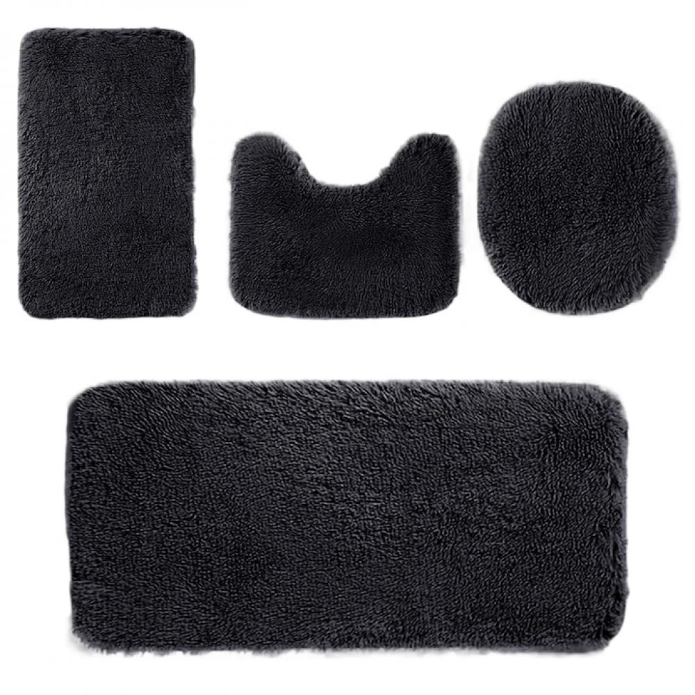 4-teiliges Badezimmerteppich-set, Fokelyi, Schwarz, Mikrofaser-material, Rutschfest, Waschbar, Verschiedene Größen.