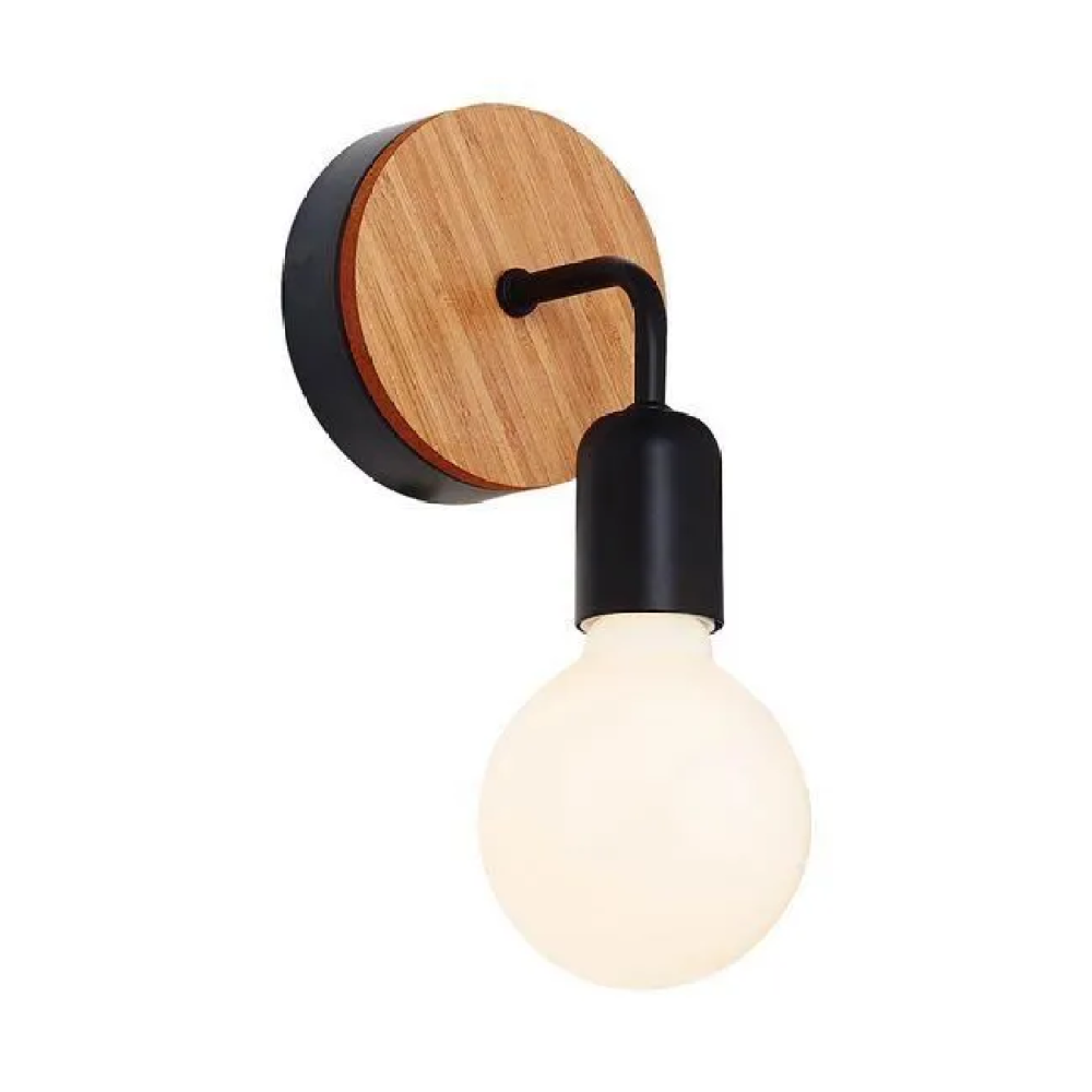 1 Stück – Retro-wandleuchte Aus Eisen – Schwarz Mit Holzplatte + Weißes Licht