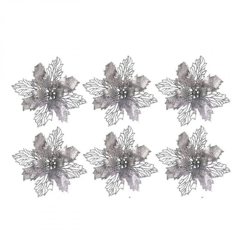 Set Mit 6 Künstlichen Weihnachtsblumen, Fokelyi, Silber, 15 X 15 Cm - Set Mit 6 Künstlichen Weihnachtsblumen, Fokelyi, Silber, 15 X 15 Cm
