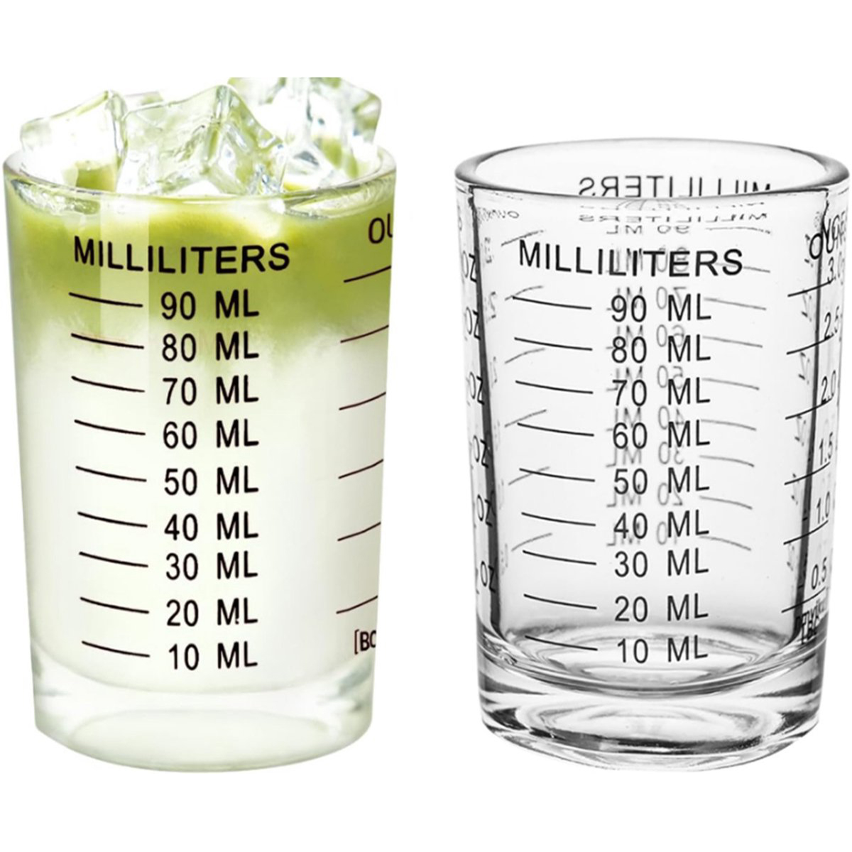Zwei 90-ml-messbecher Aus Dickwandigem Glas Mit Doppelter Messskala - Zwei 90-ml-messbecher Aus Dickwandigem Glas Mit Doppelter Messskala
