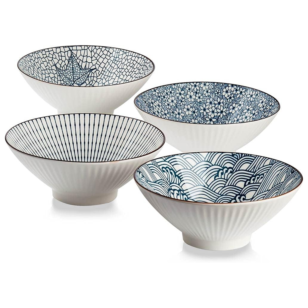 Set Mit 4 Japanischen Keramik-ramen-schalen Für Müsli, Suppe, Pho Und Nudeln – Blau Und Weiß, 20,3 Cm
