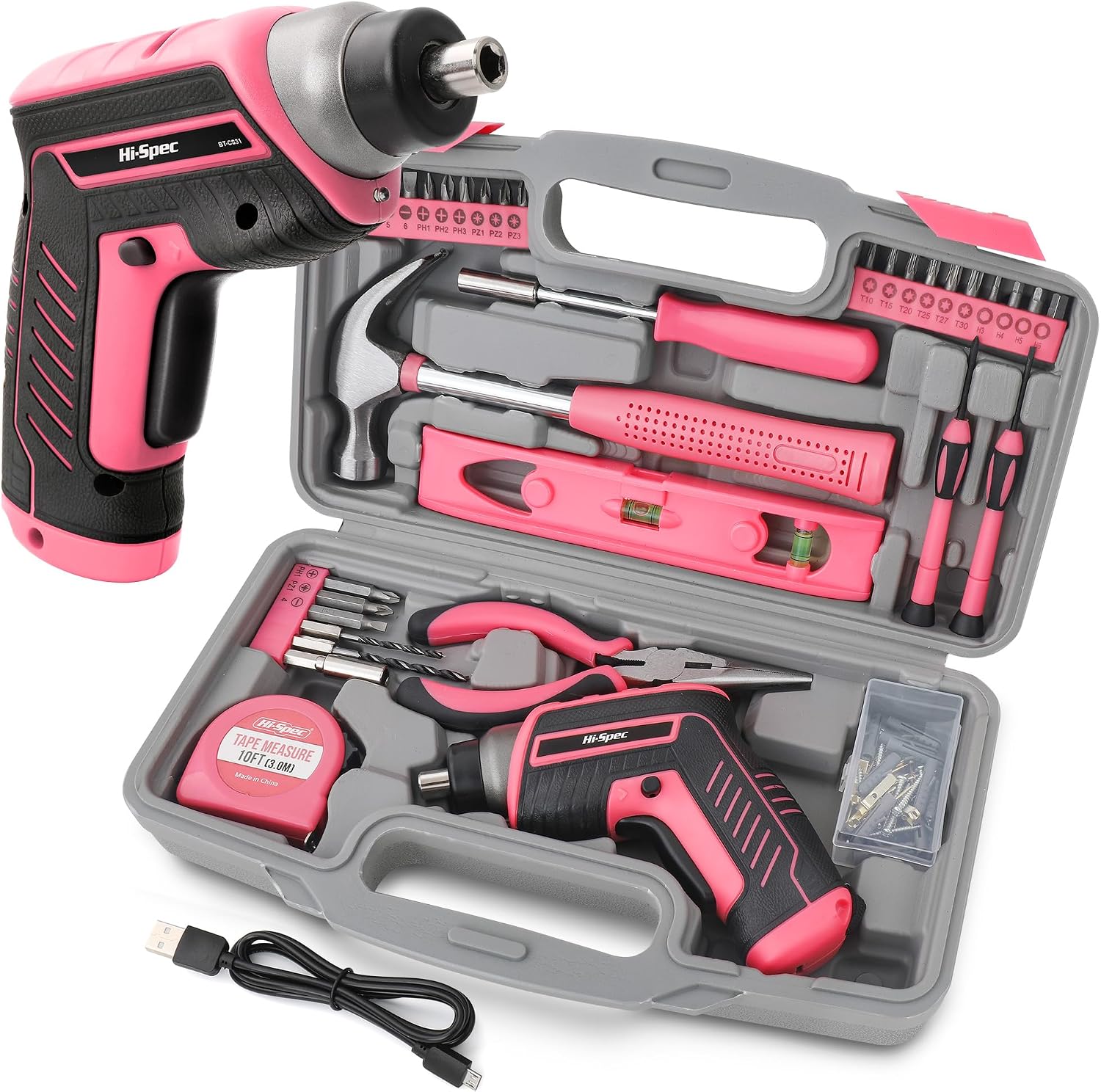 3,6-v-akkuschrauber (pink) – Akkuschrauber Mit Werkzeugset – Komplettes Werkzeugset – Hammer, Zange, Bohrer, Schraubendreher-set Und Bits Für Heimwerker