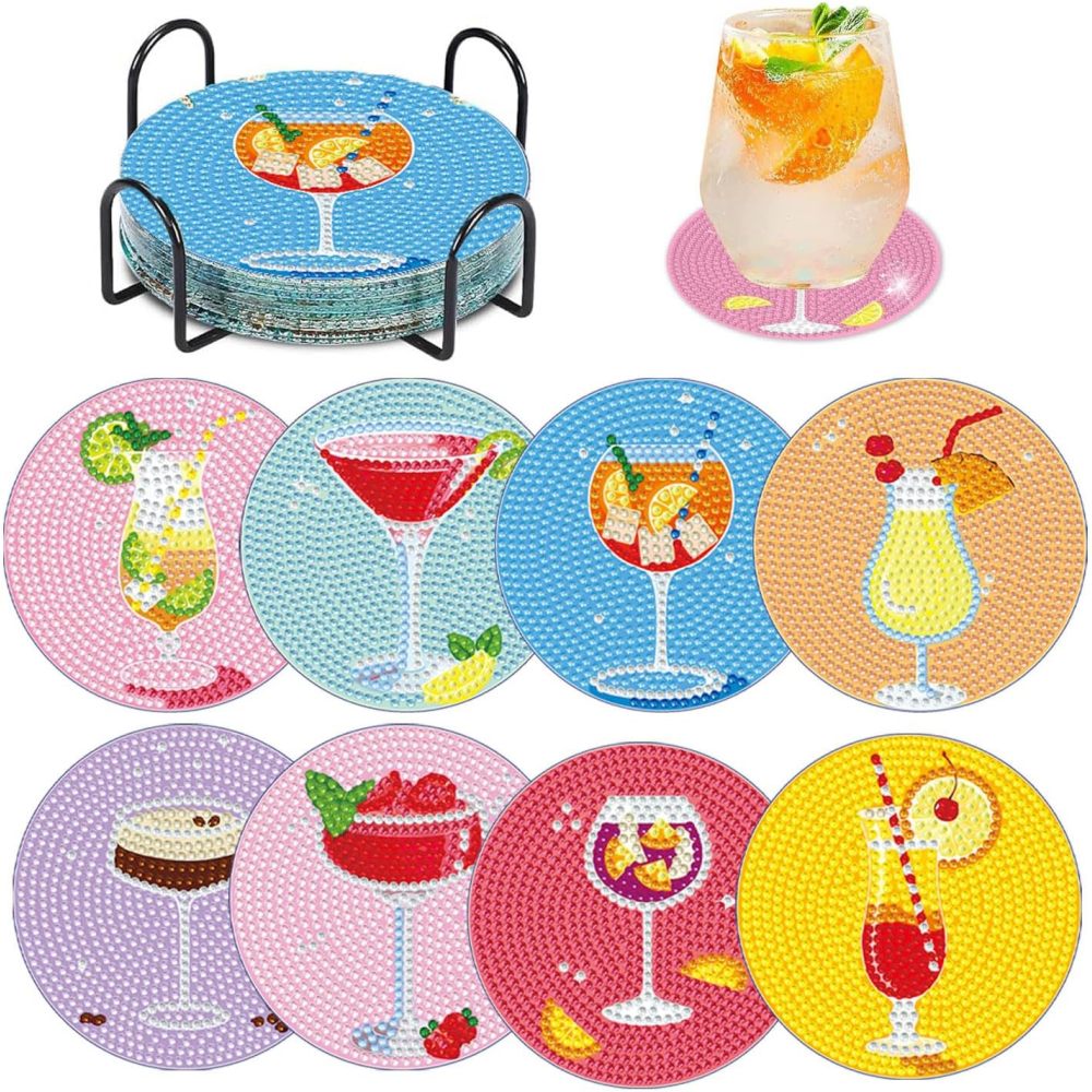 8-teiliges Set Cocktail-untersetzer Mit Diamantmalerei, Inklusive Halterung, 8er-set Diy-getränkeuntersetzer, Bastelbedarf Für Erwachsene, Rutschfest, 9,9 Cm (3,9 Zoll)