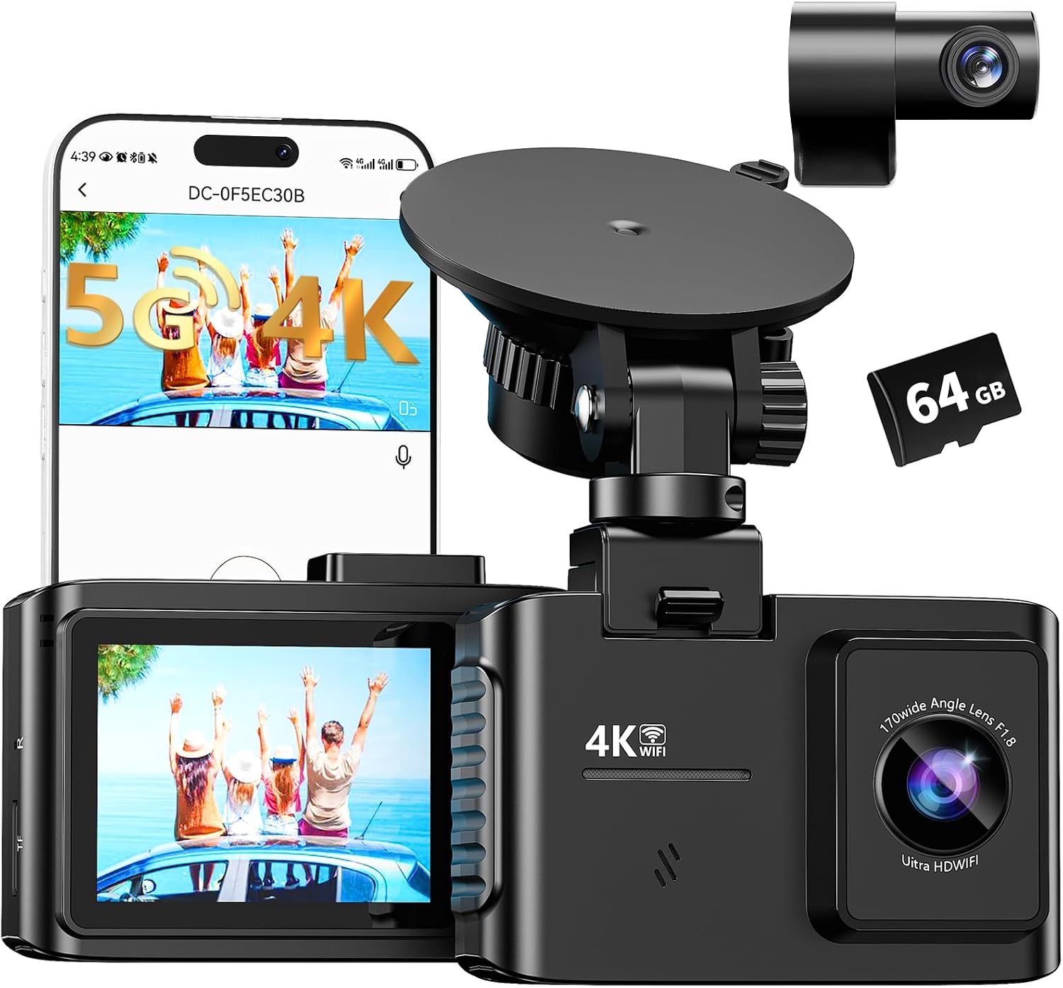 Front- Und Rückfahrkamera: 4k-dual-channel-dashcam – 5-ghz-wlan, Autokamera Mit 64-gb-speicherkarte, 2,0-zoll-ips-bildschirm, App-steuerung, G-sensor, Loop-aufnahme, 170°-weitwinkel, Nachtsicht, Parkm