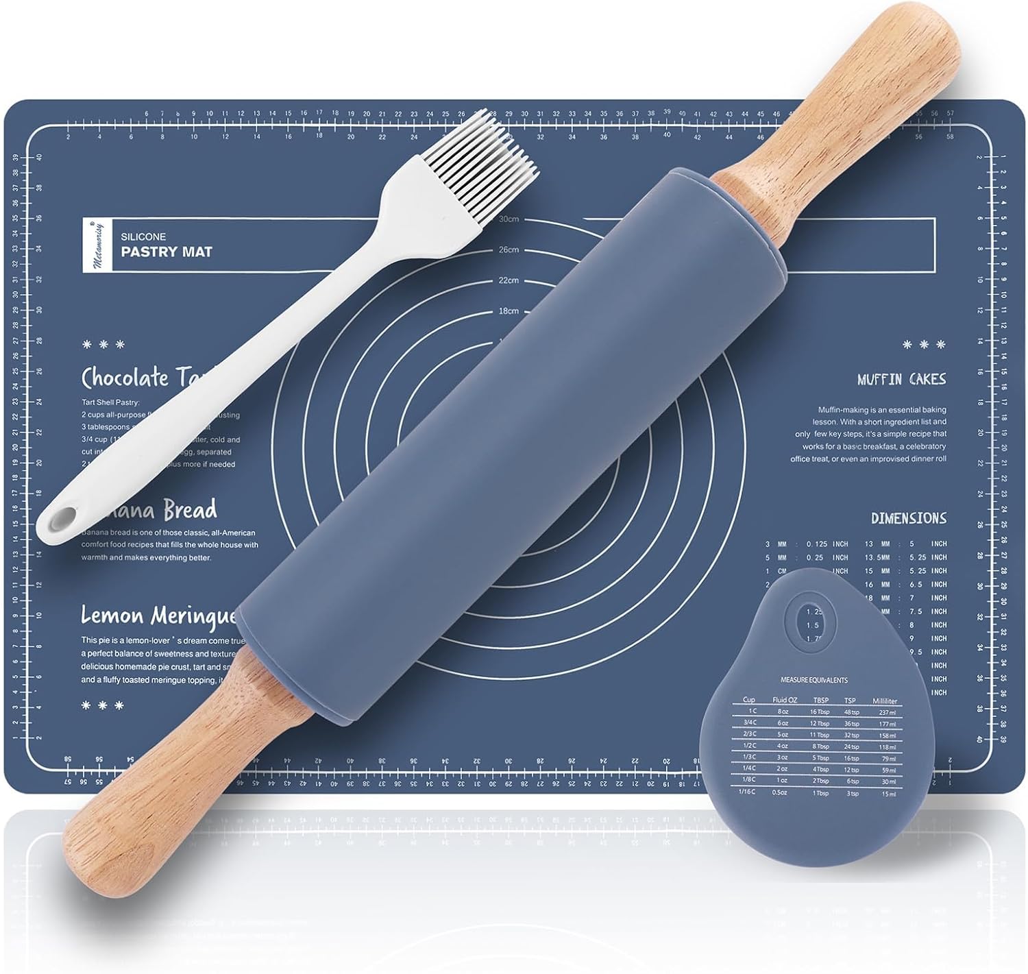 Nudelholz- Und Backmatten-set, Nudelholz Aus Holz (38 Cm) + Silikonmatte (60 X 40 Cm) + Teigschaber + Küchenpinsel, Silikon-nudelholz (blau)