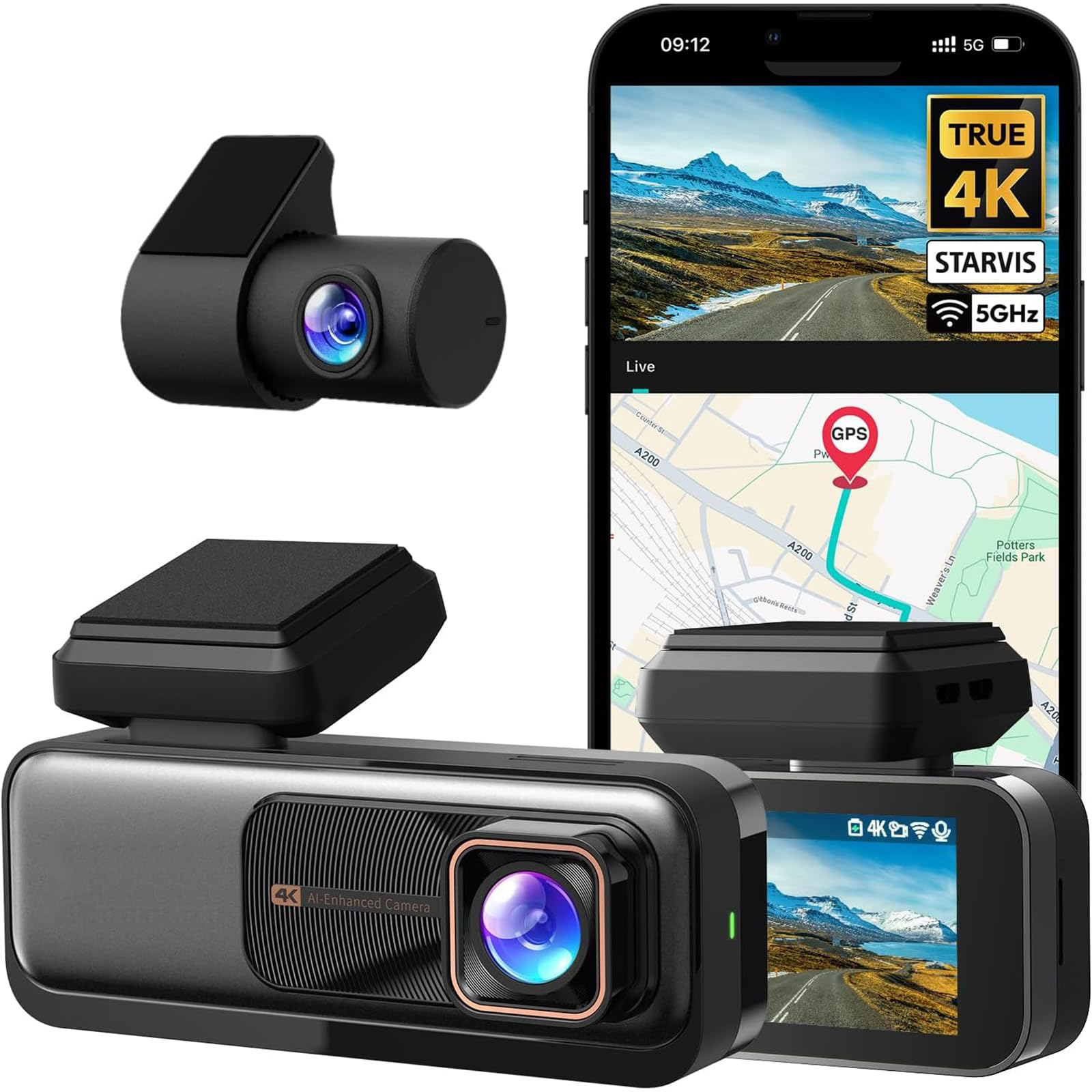 4k-dashcam Vorne Und Hinten, 170°-ultraweitwinkel-dashcam Mit Adas, Nachtsicht, 24/7-parkmodus, Sony Starvis-sensor, Wdr, Kostenloser 64-gb-sd-karte, 5g/2,4g-wlan, Integriertem Gps, Loop-aufnahme