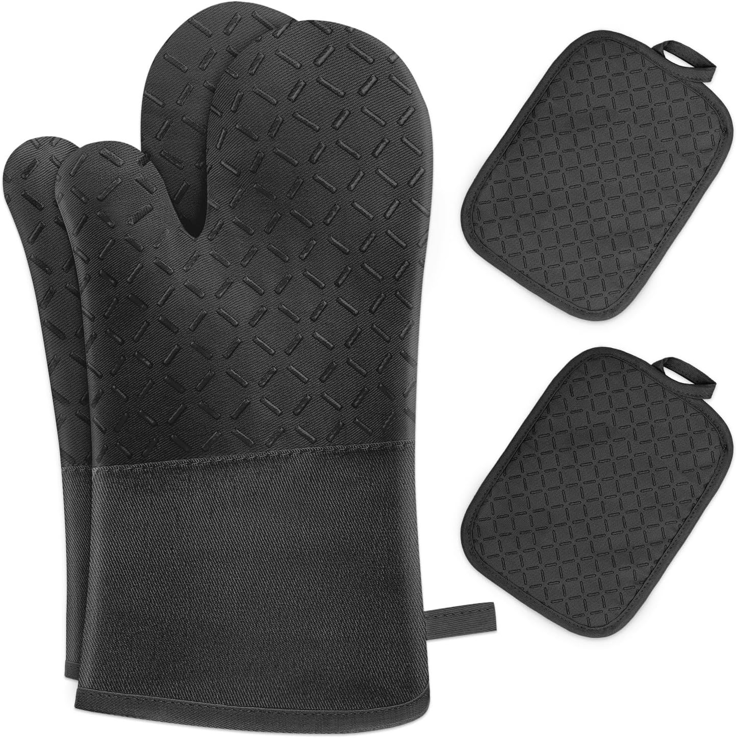 Schwarzes 4-teiliges Set Aus Ofenhandschuhen Und Topflappen Aus Weicher Baumwolle, Rutschfest, Mit Silikonbeschichtung, Mikrowellen- Und Ofenfest Bis 260 °c, Ideal Zum Kochen Und Backen.