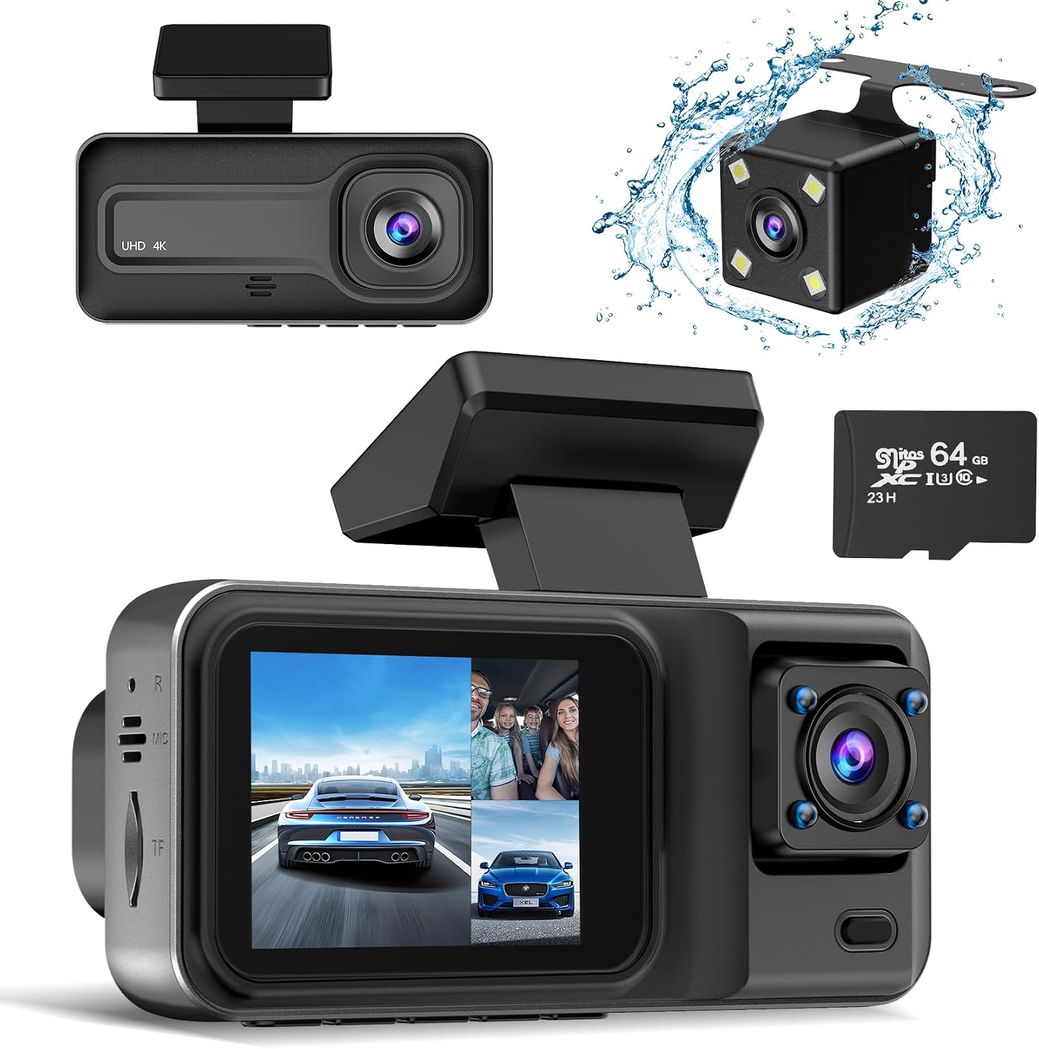 4k 3-kanal-dashcam Mit 64-gb-karte, 4k+1080p+1440p-dashcam Für Front- Und Rückkamera, Autokamera Mit Hervorragender Nachtsicht, 24-stunden-parkmodus, Loop-aufnahme Und Bewegungserkennung