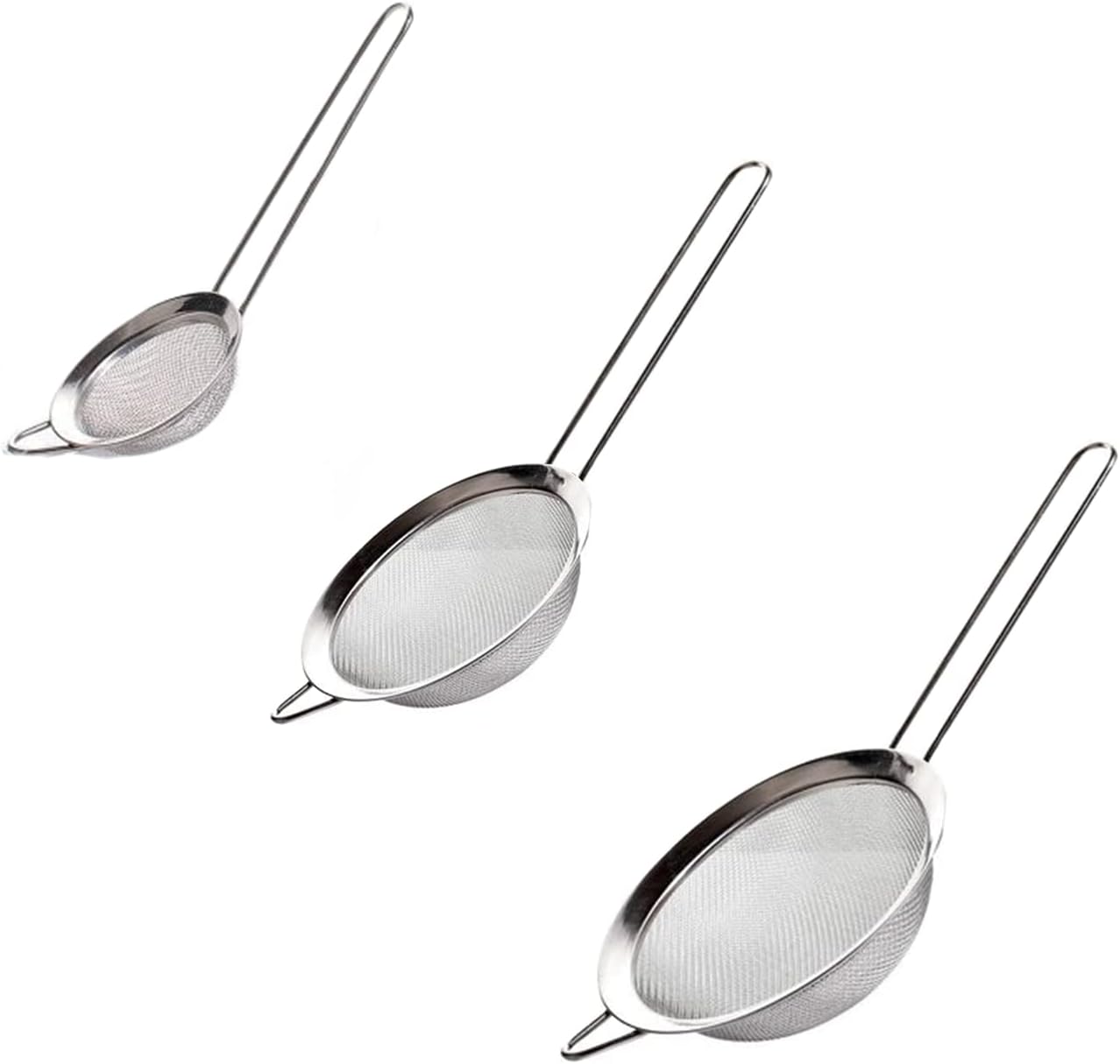 Set Aus 3 Feinmaschigen Küchensieben Aus Edelstahl (8,1 Cm, 13,3 Cm, 19,5 Cm) Zum Kochen Von Mehl Und Abtropfen Von Nudeln Und Reis (3-teiliges Set)