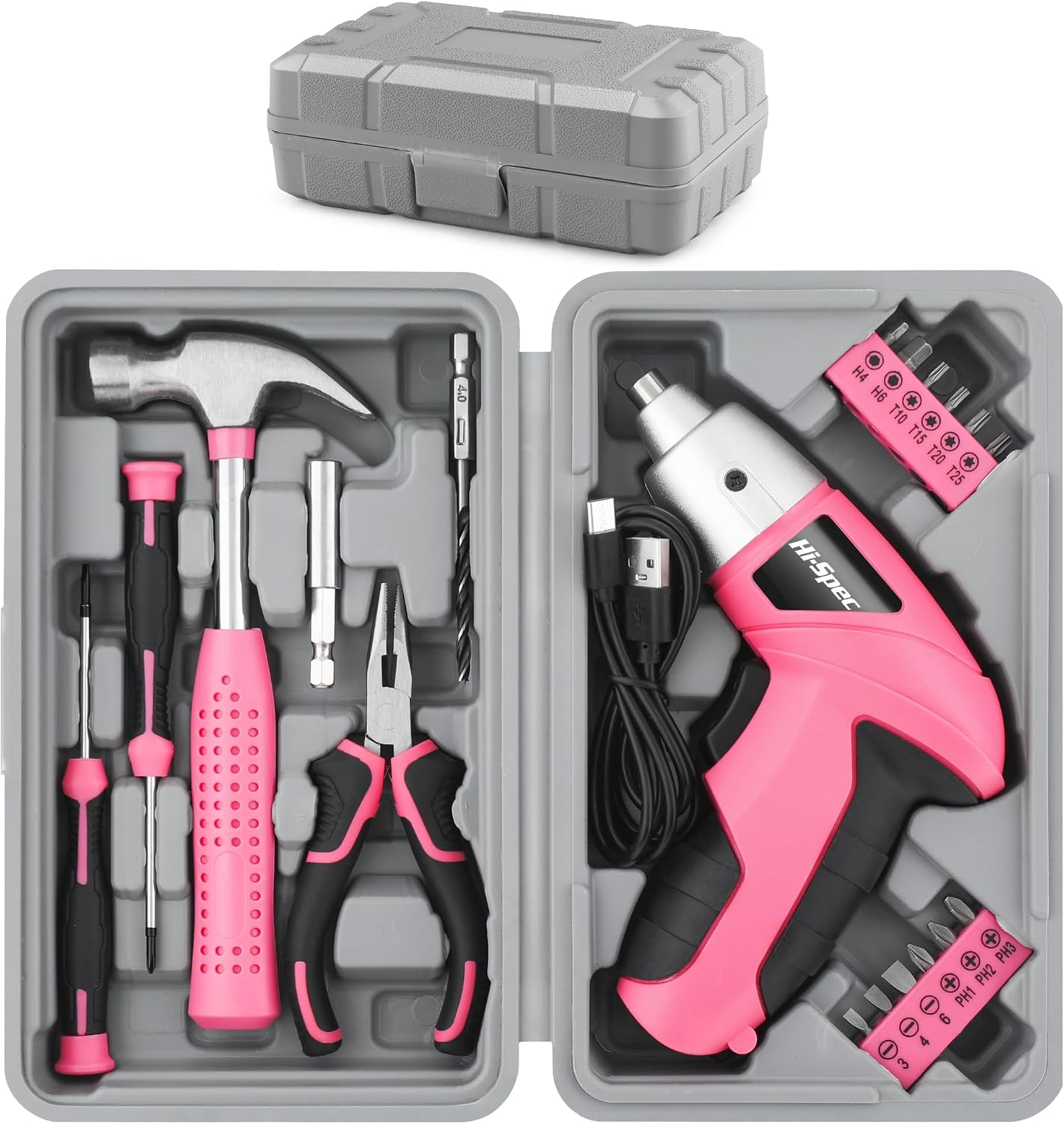 19-teiliges Werkzeugset, 3,6-v-usb-akkuschrauber (pink), Heimwerkerset, Wiederaufladbarer Akkuschrauber Mit Kompakter Werkzeugbox