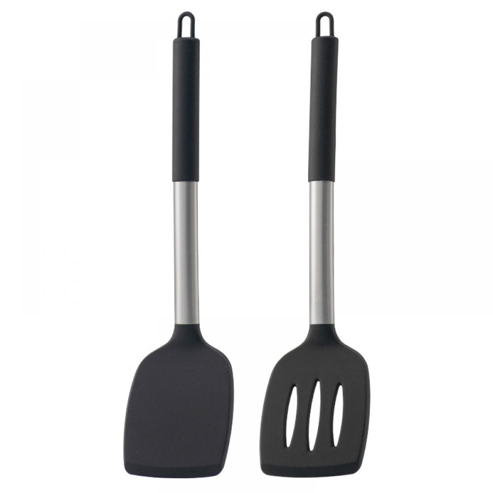 Set Aus Zwei Küchenutensilien Aus Silikon, Bestehend Aus Einem Wok-spatel Und Einem Bratpfannenwender Mit Hohlen Edelstahlgriffen, Hitzebeständig.