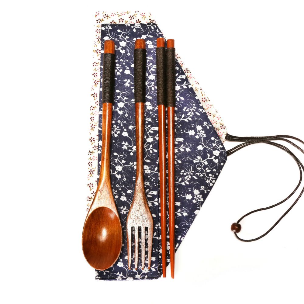 Vintage Japanisches Holzbesteckset, Fokelyi, 3-teilig, Braun, Maße: 18,5 X 17,5 X 22,5 Cm