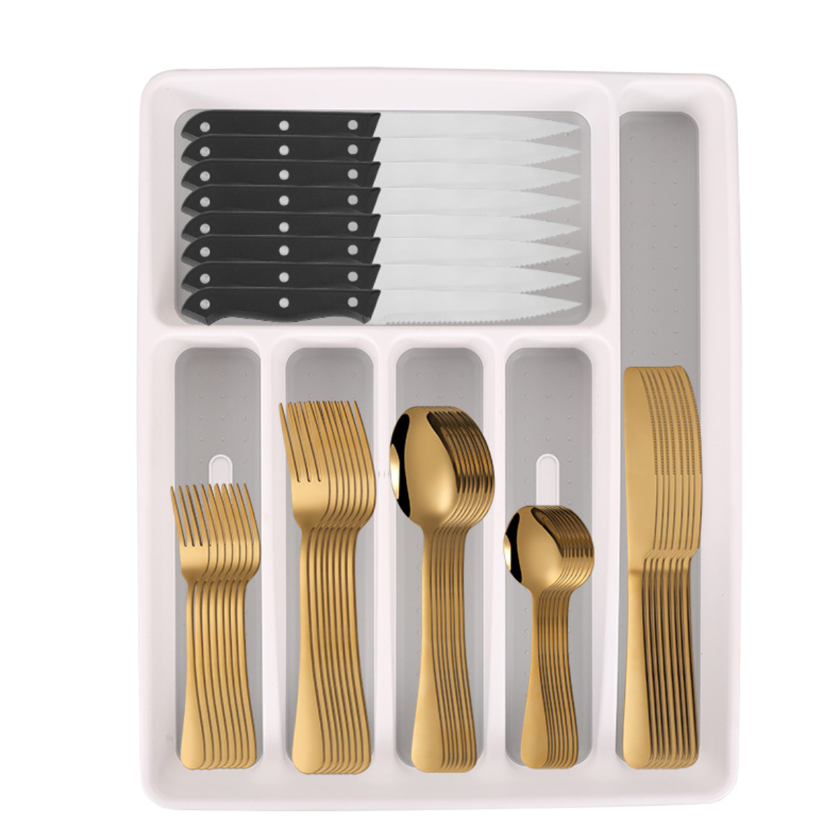 Kebolax 49-teiliges Besteckset Mit Organizer, Edelstahl-besteckset Mit Steakmessern, Geschenk Für Freunde Und Eltern, Rostfrei, Hochglanzpoliert, Spülmaschinenfest, Gold
