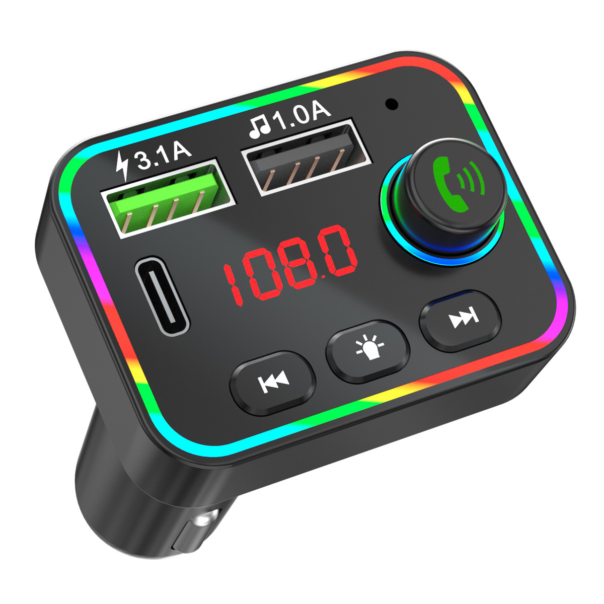 Bluetooth-fm-transmitter Fürs Auto, Qc3.0-schnellladegerät, 2 Usb-anschlüsse, 7-farbige Led-hintergrundbeleuchtung