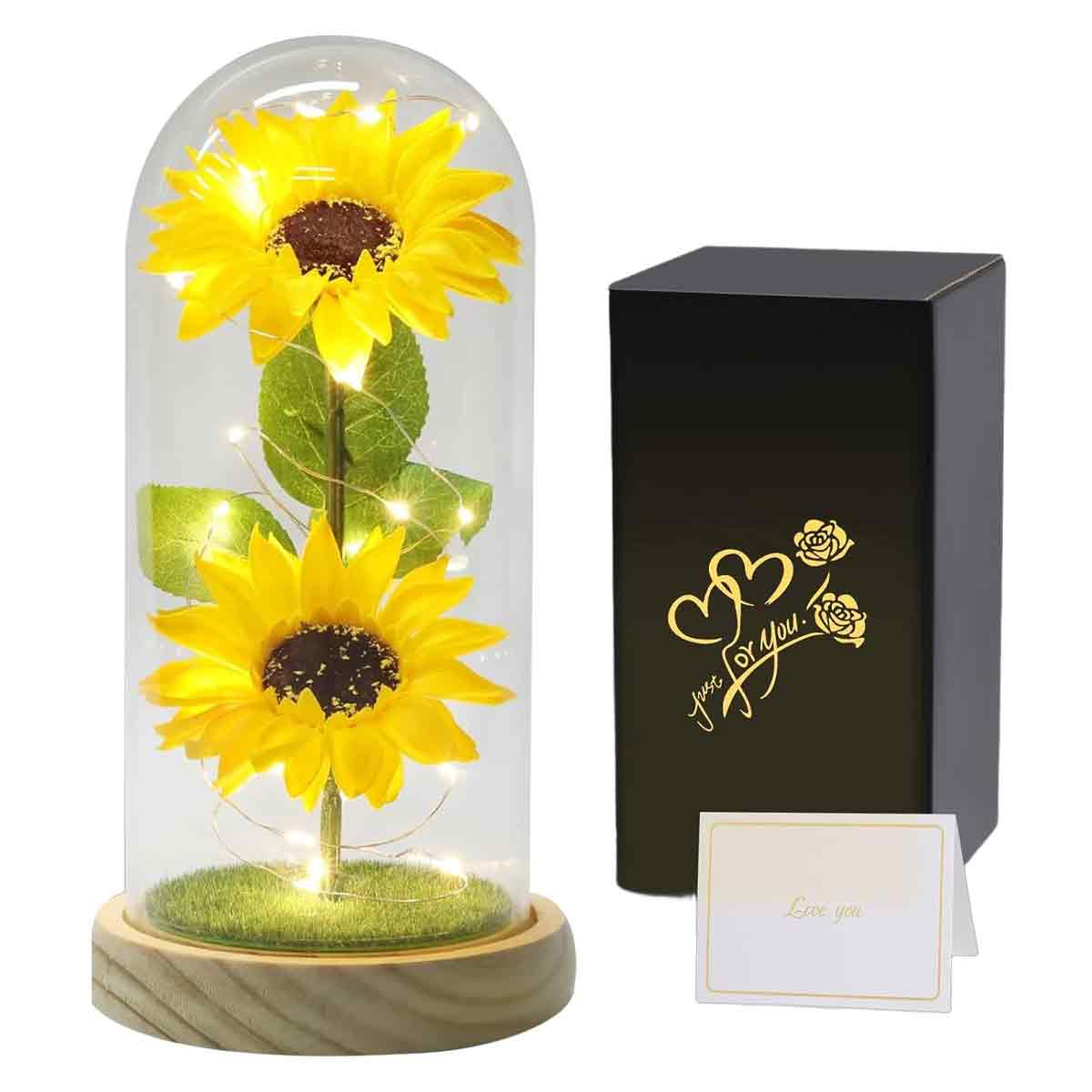 Geschenkidee Für Frauen – Ewige Blume Unter Glaskuppel Mit Led-beleuchtung, Sonnenblumen-geschenk Für Frauen, Mütter, Großmütter, Ewiges Geschenk Zum Muttertag, Geburtstag, Weihnachten