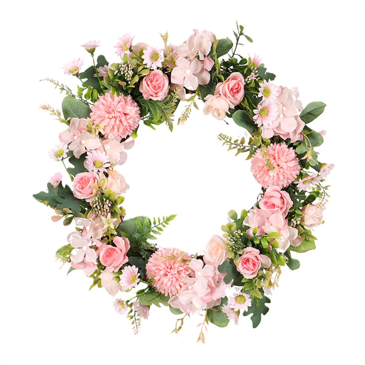 Realistischer, Dekorativer Frühlingshortensienkranz (35 X 35 X 8 Cm) Aus Rattan Und Seide Mit Rosa Blüten Und Grünen Blättern Für Die Innen- Und Außendekoration