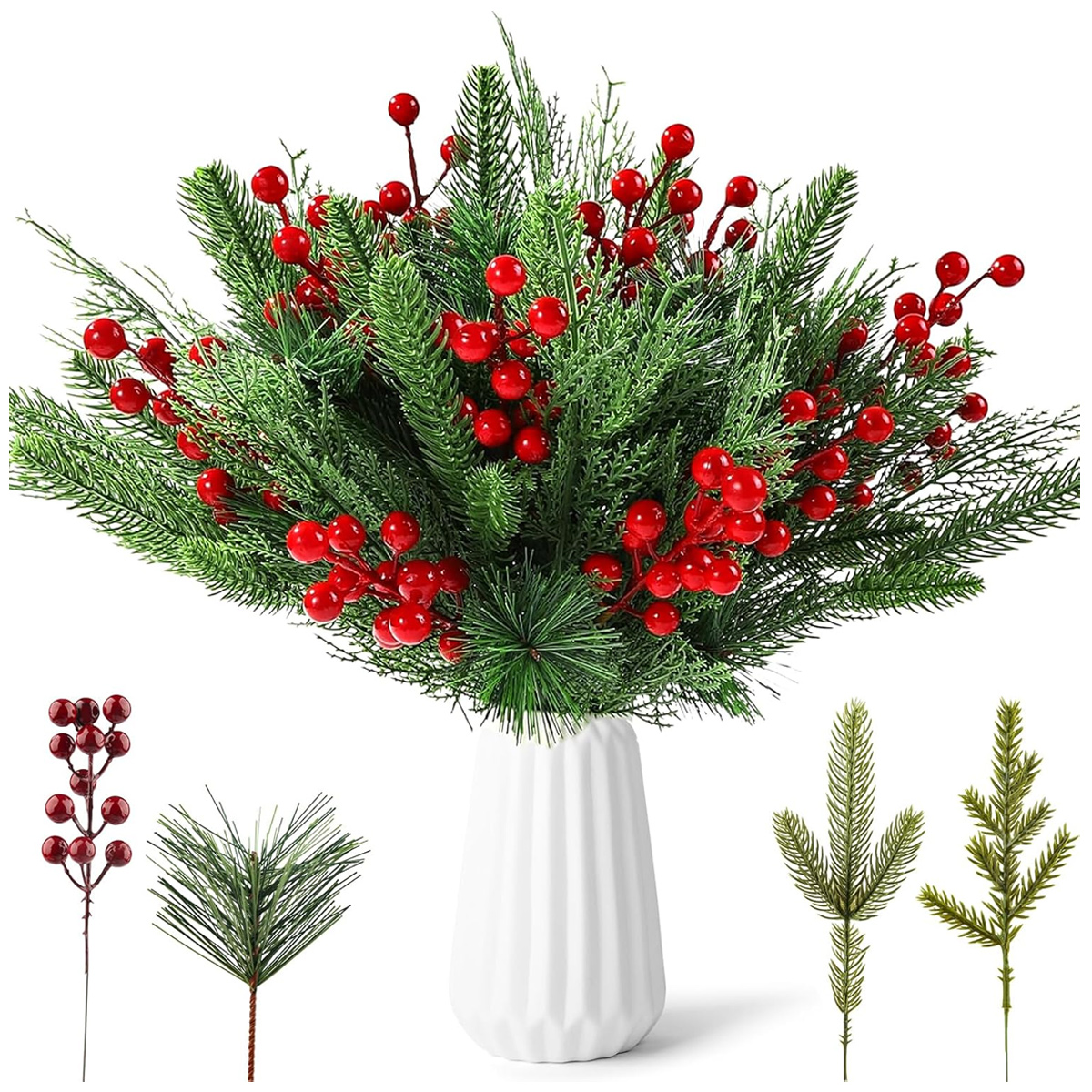 60 Künstliche Tannenzweige Und Rote Beeren – 4 Designs Für Weihnachtsdekoration, Adventskranz, Weihnachtsgirlande, Baumschmuck, Kältebeständige Künstliche Zweige (15 Stück/design)
