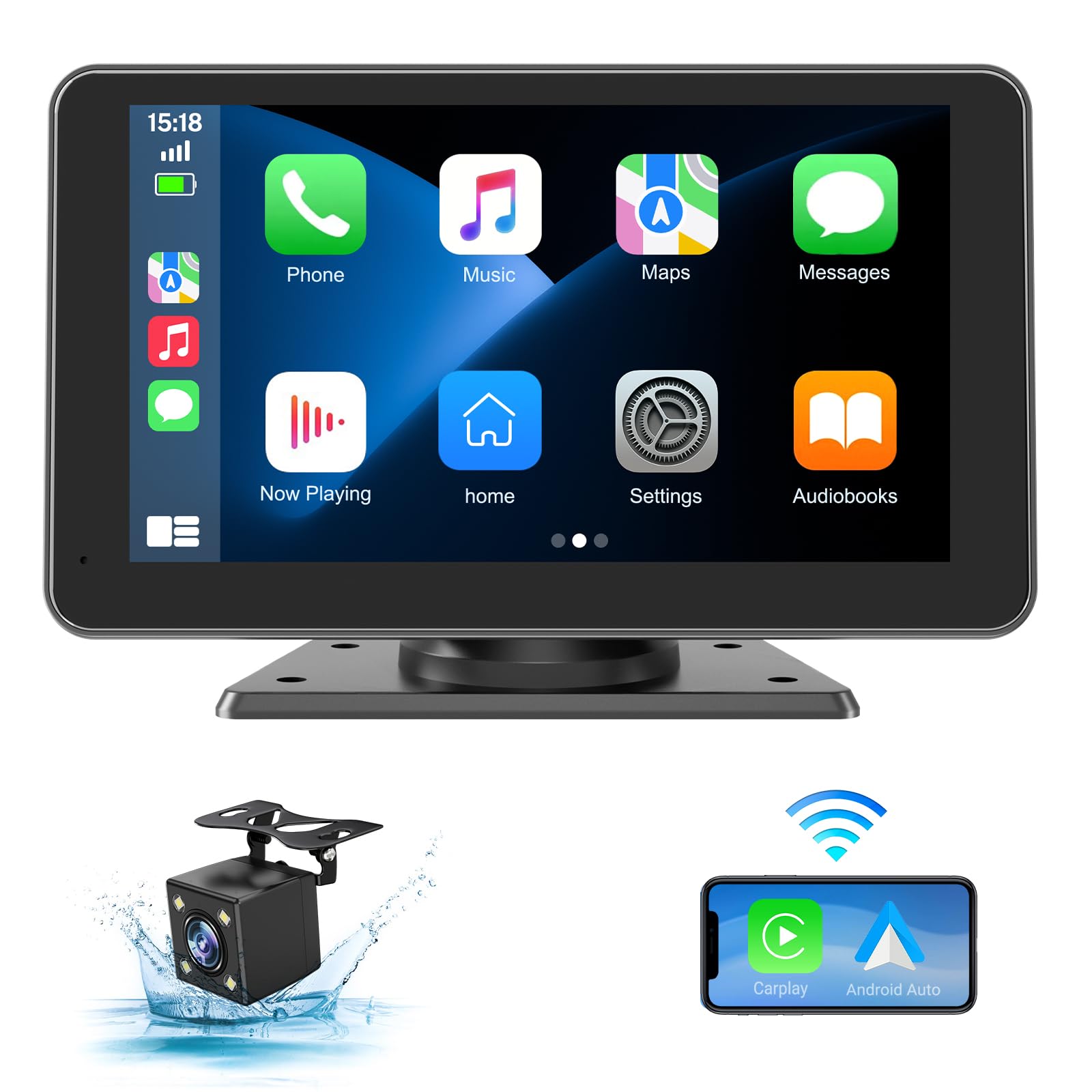 Kabelloser Bildschirm Fürs Auto, 7-zoll-hd-touchscreen Mit Tragbarem Android Auto-autoradio, Rückfahrkamera, Gps-navigation, Mirror Link, Sprachsteuerung Und Bluetooth.