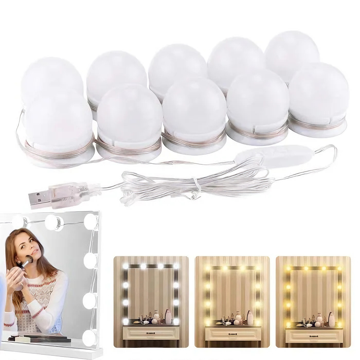 Led-spiegelleuchte, 10 Dimmbare Hollywood-glühbirnen Und 3 Farben, Für Schminkspiegel Und Schminktisch