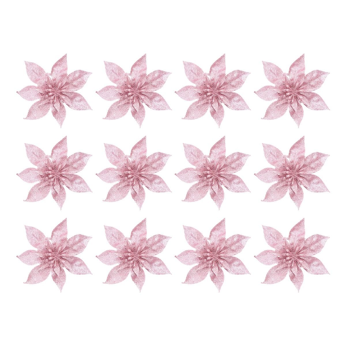 Set Mit 12 Künstlichen Glitzer-weihnachtssternen Und 12 Clips - Weihnachtsbaumschmuck (16 Cm) (roségold)
