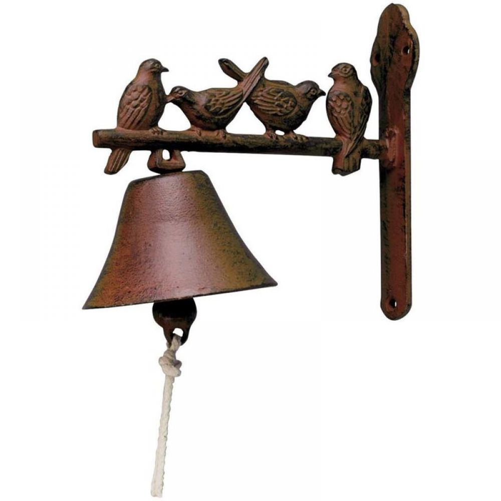 Glocke Im Rustikalen Stil, Verziert Mit 4 Kleinen Vögeln – 20 Cm Breit X 21 Cm Hoch – Gusseisen, Baumwollseil, Gartendekoration, Türklingel