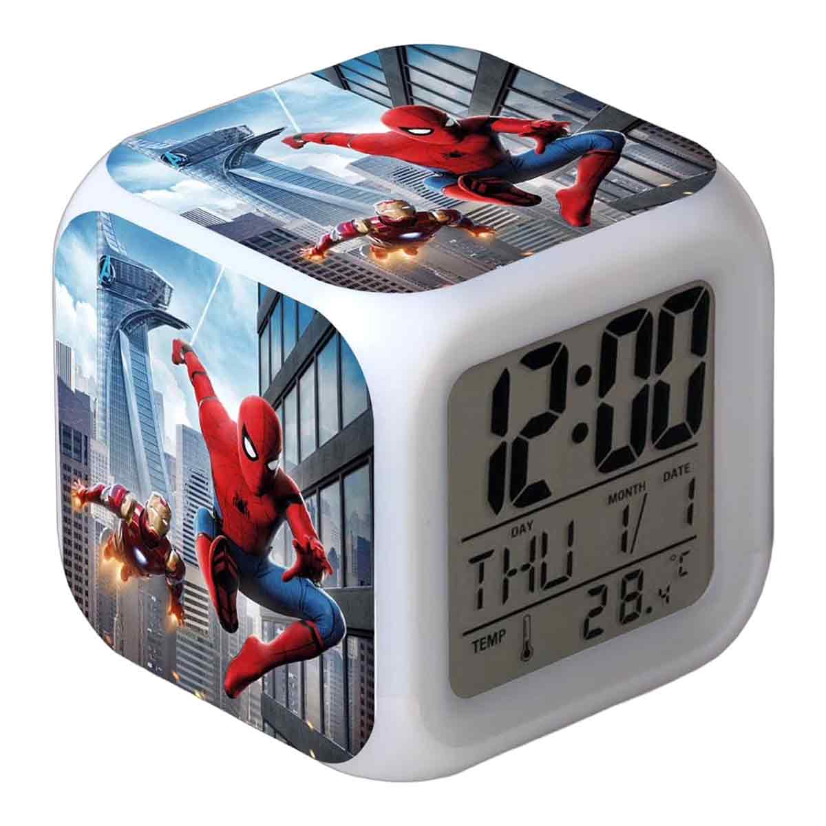 Hanntaoo Digitaler Wecker Für Kinder, Cartoon-spider-man-motiv, 7 Led-farben, Weckfunktion Mit Thermometer Und Nachtlicht, Geschenk Für Jungen