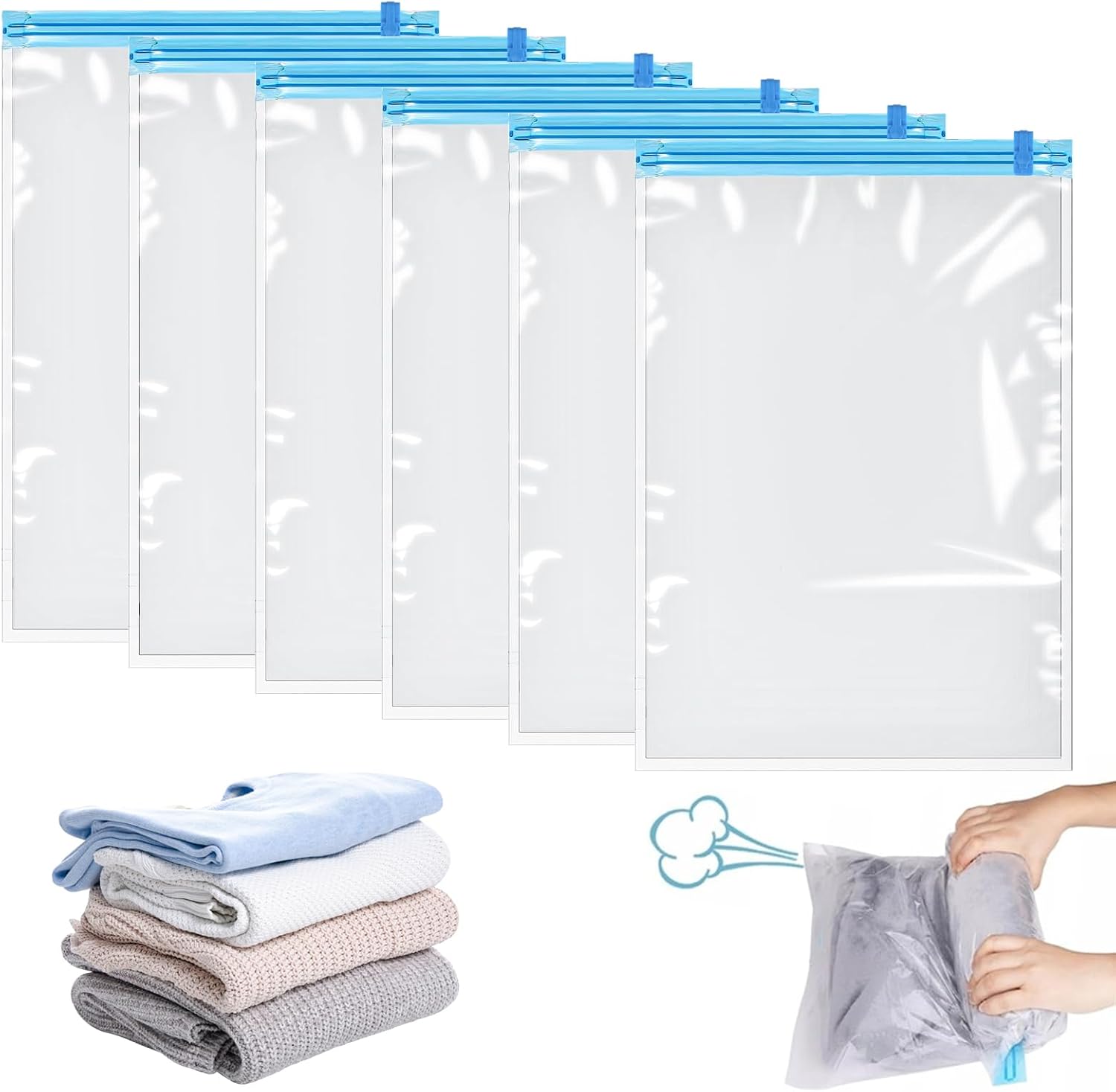 6 Vakuumbeutel Für Kleidung, Kompressionsbeutel Für Reisen, Zusammenrollbar, 60 X 40 Cm, Keine Pumpe Erforderlich, Von Hand Zusammenrollbar, Wiederverwendbar, Für Die Organisation Zu Hause