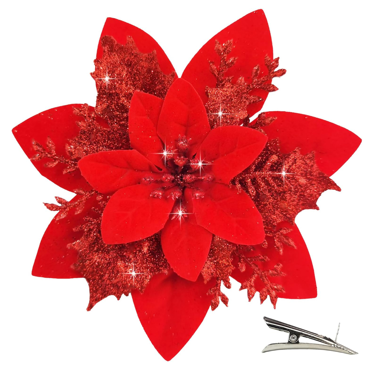 20 Funkelnde Rote Weihnachtssternblüten Mit Klammern, Weihnachtsbaumschmuck, Girlande, Kranz