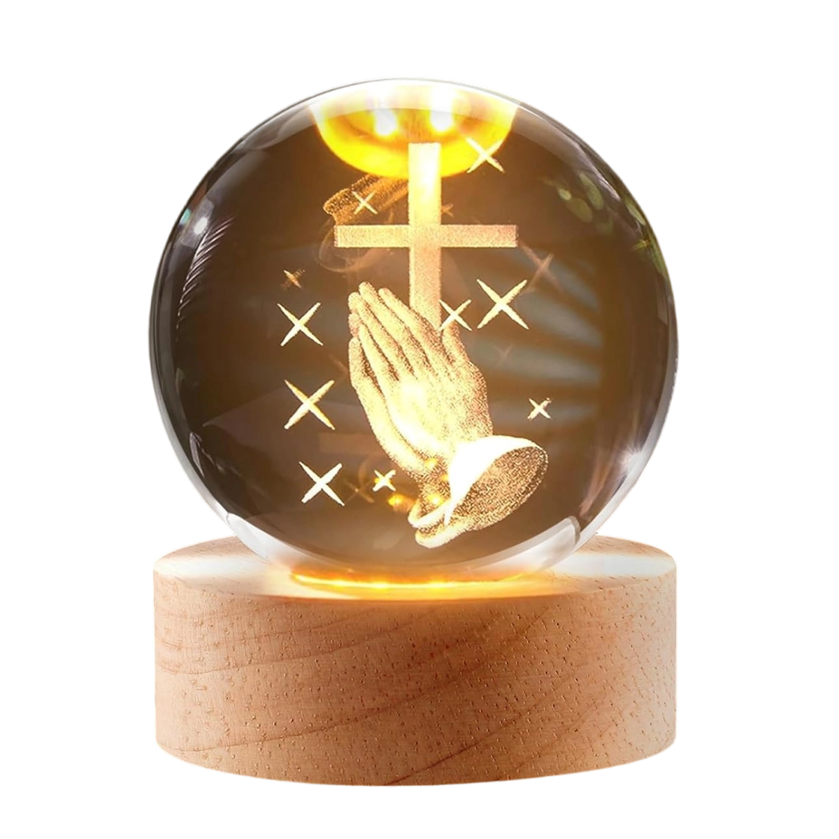3d-nachtlicht In Kugelform Mit Jesusmotiv – Holzsockel, Betende Hände, Kreuz, Religiöse Lampe, Spirituelles Geschenk