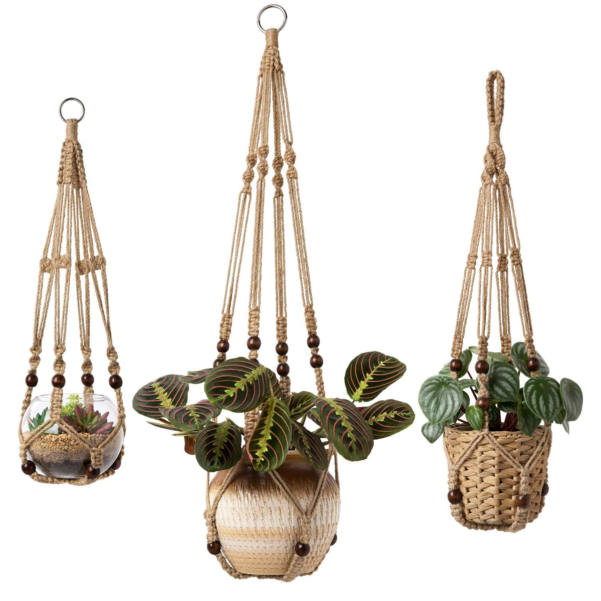 Set Mit 3 Makramee-hängeblumentöpfen – Juteseil Mit Perlen, Ohne Quasten – Juteseil – 58 Cm/73 Cm/89 Cm