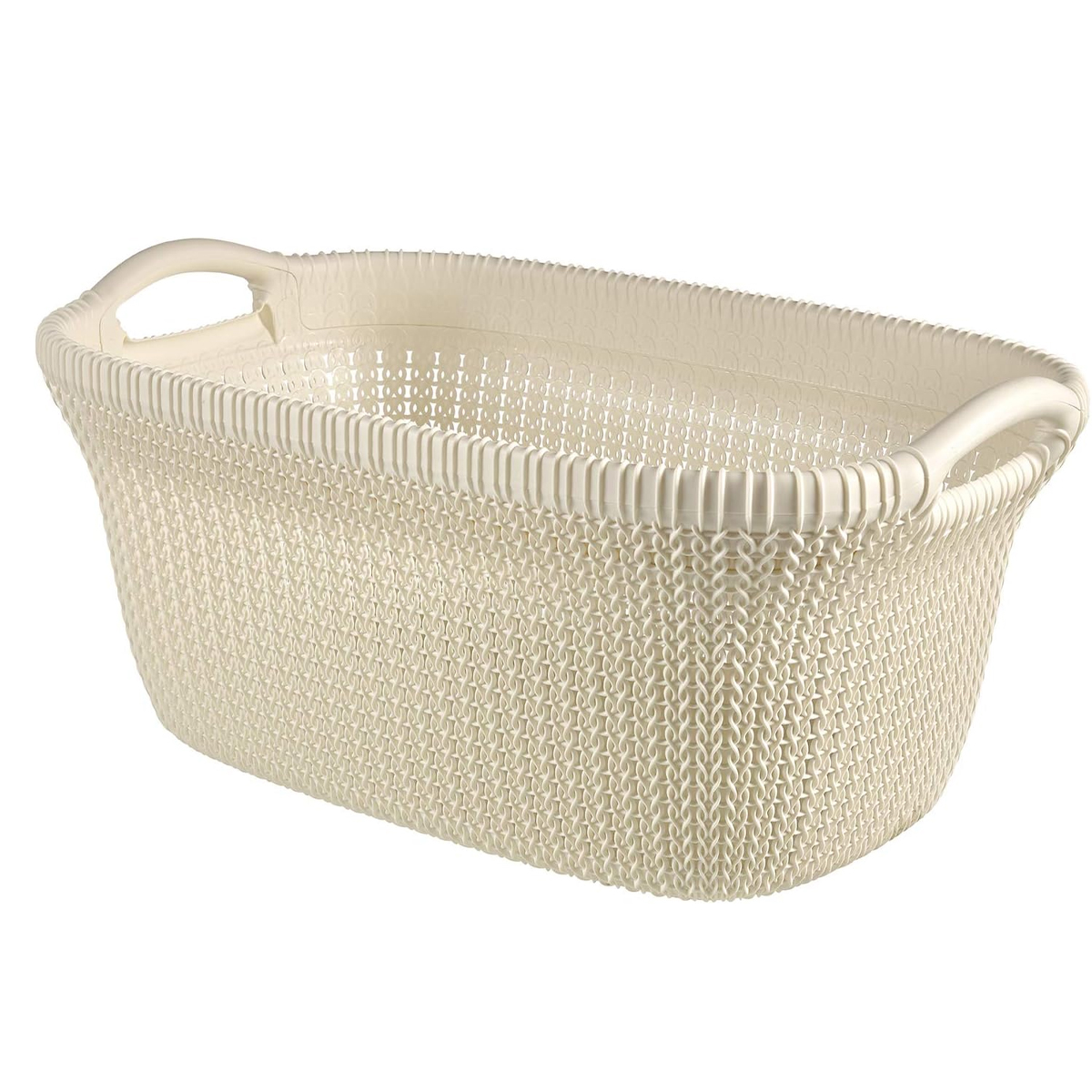 40-liter-wäschekorb In Strickoptik, Ergonomische Griffe, 59,5 X 38,5 X 27 Cm, Cremeweiß