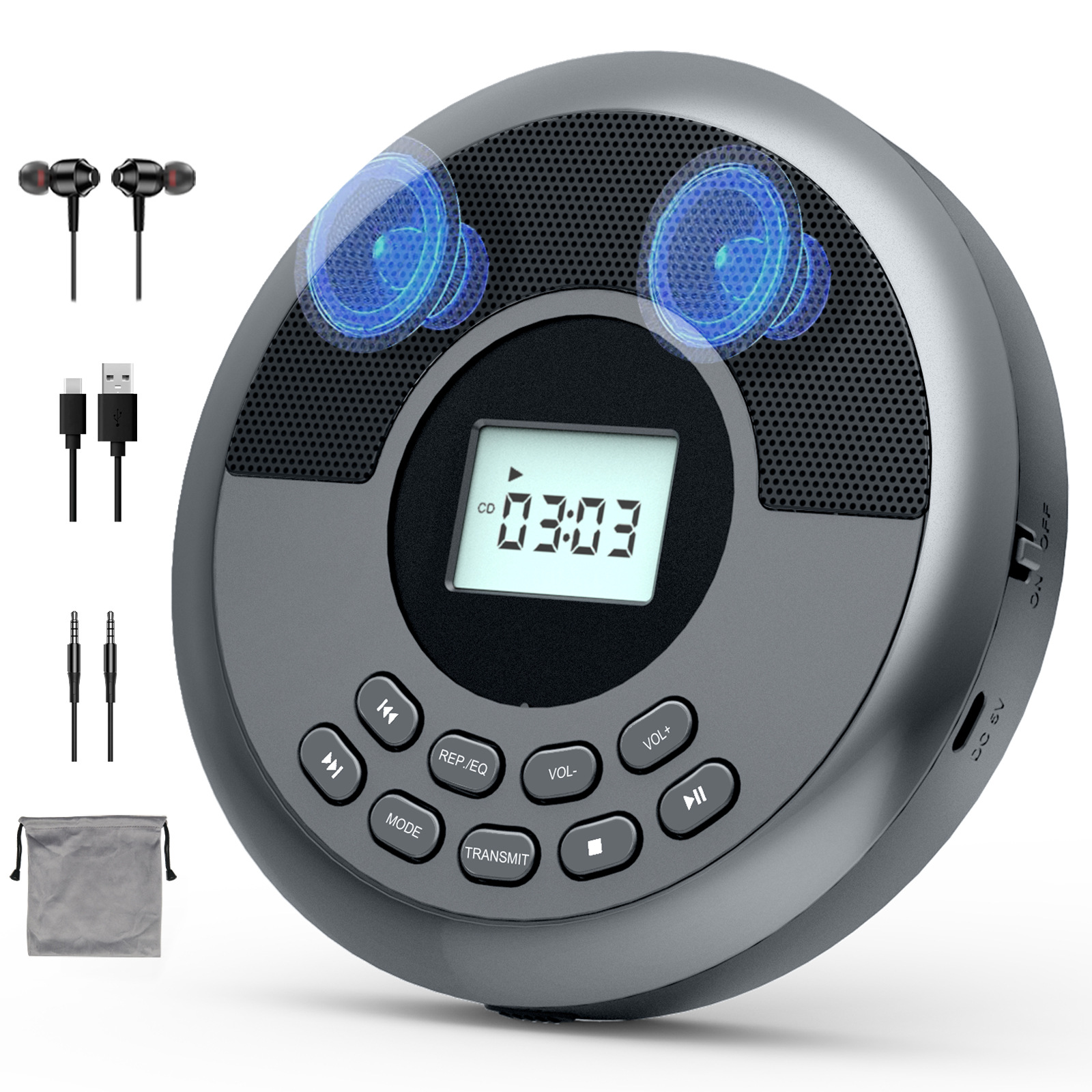 Tragbarer Cd-player Mit Zwei Stereolautsprechern, Wiederaufladbarer Kompakt-cd-player Fürs Auto Mit Anti-skip-schutz, Kopfhörern Und Aux-kabel