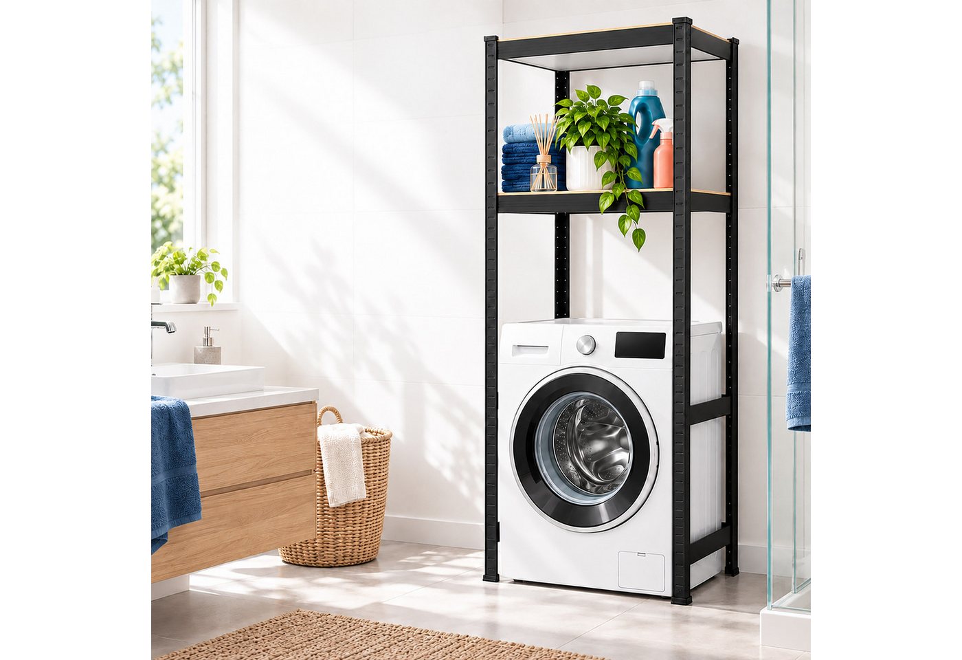 Relaxdays Waschmaschinenregal, Hxbxt: 150 X 70 X 40 Cm, 2 Böden, 400 Kg, Stahl, Mdf, Stecksystem, Lagerregal, Schwarz