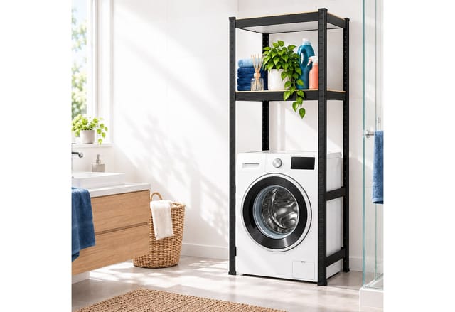 Relaxdays Waschmaschinenregal, Hxbxt: 150 X 70 X 40 Cm, 2 Böden, 400 Kg, Stahl, Mdf, Stecksystem, Lagerregal, Schwarz
