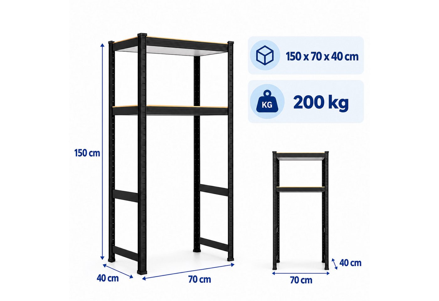 Relaxdays Waschmaschinenregal, Hxbxt: 150 X 70 X 40 Cm, 2 Böden, 400 Kg, Stahl, Mdf, Stecksystem, Lagerregal, Schwarz Bild 2