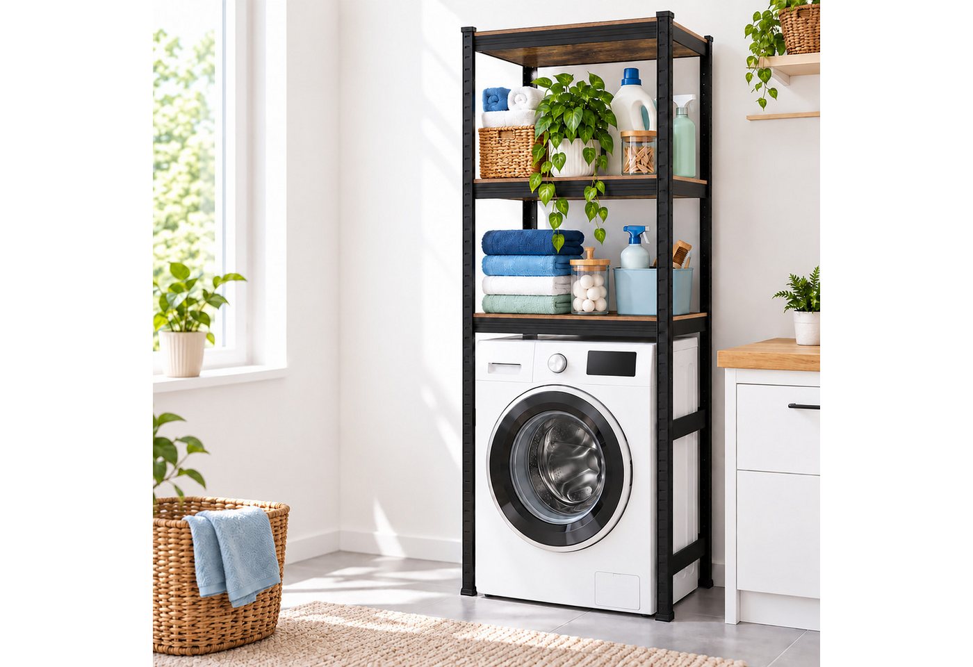 Relaxdays Waschmaschinenregal, Hxbxt: 180 X 70 X 40 Cm, 3 Böden, 600 Kg, Stahl, Mdf, Stecksystem, Regal, Schwarz/braun Bild 2