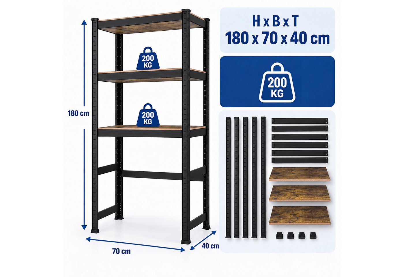 Relaxdays Waschmaschinenregal, Hxbxt: 180 X 70 X 40 Cm, 3 Böden, 600 Kg, Stahl, Mdf, Stecksystem, Regal, Schwarz/braun Bild 3