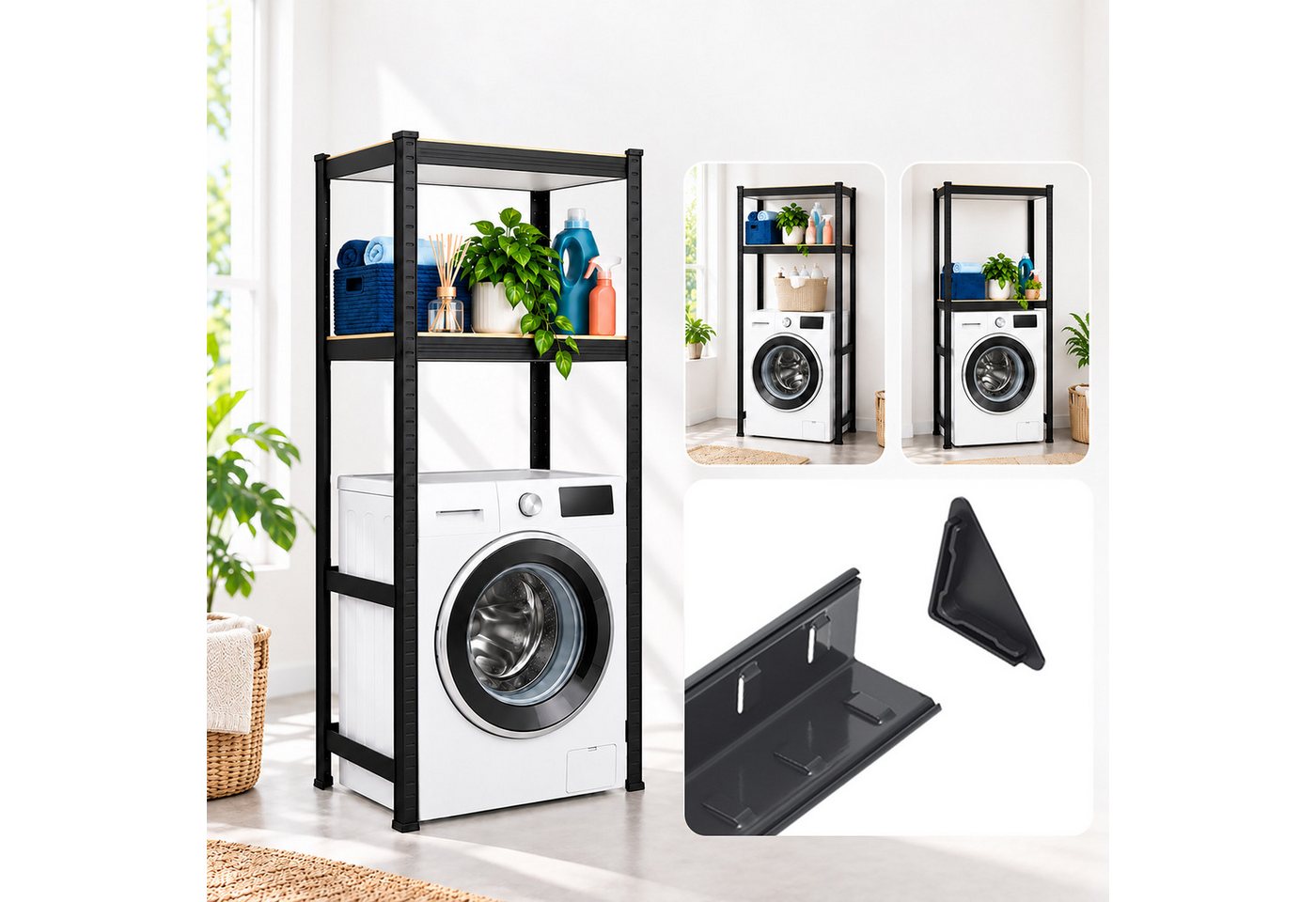 Relaxdays Waschmaschinenregal, Hxbxt: 180 X 70 X 40 Cm, 3 Böden, 600 Kg, Stahl, Mdf, Stecksystem, Regal, Schwarz/braun Bild 5