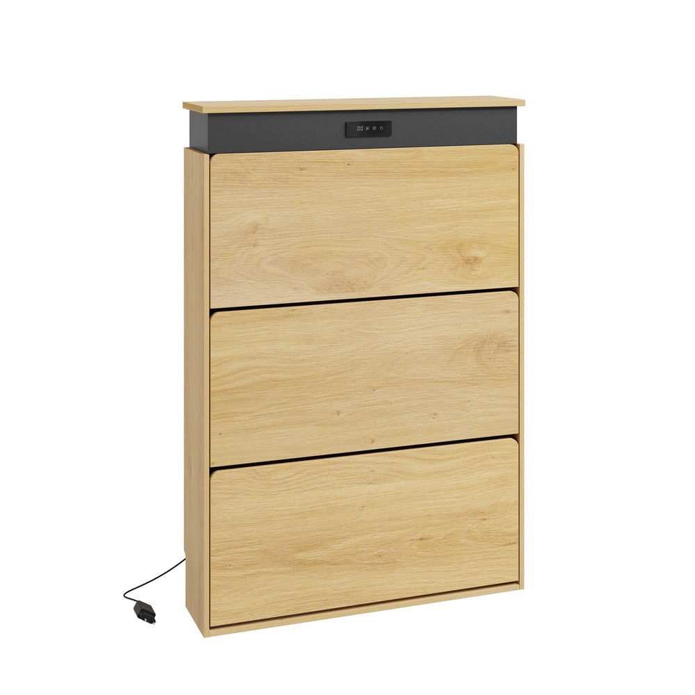 Sobuy Schuhschrank Schmal Hoch Mit 3 Klappen Schuhkipper Mit Trocknungsfunktion Und Led-display Schuhregal In Eiche-optik Für Flur Und Garderobe 78×19×115.4 Cm Tragkraft 25 Kg Fsr226-e-n