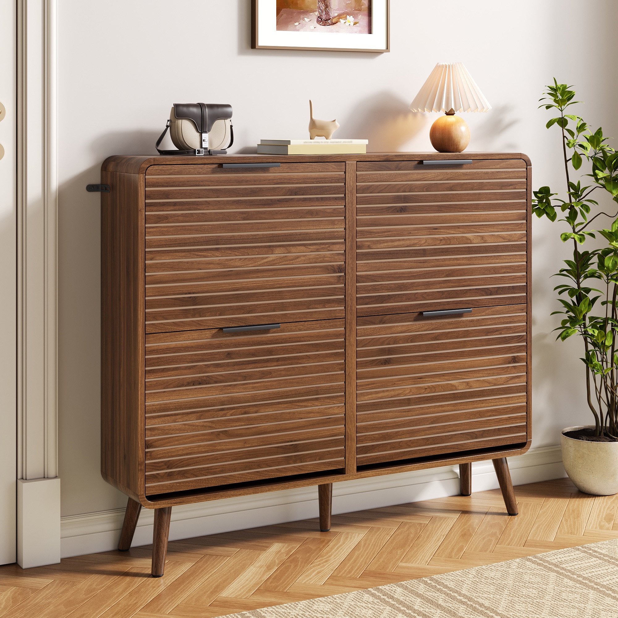 Schuhschrank - 105 X 24 X 91 Cm - Schuhkipper Flurschrank Mit 4 Klappen Lamellendesign Für 18 Bis 24 Paar Schuhe - Moderner Stil - Mdf - Nussbaum